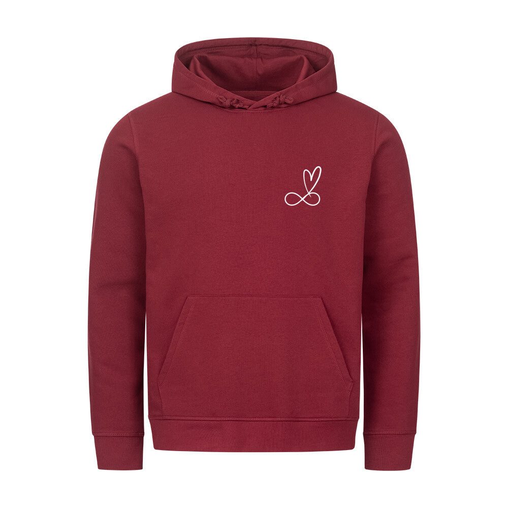 christlicher Hoodie mit einem Unisex-Schnitt in dunkelrot aus Bio-Baumwolle rechts minimalistisch auf der Brust das unendlich Zeichen und darüber ein Herz. Erhältlich in den Größen XS bis XXL