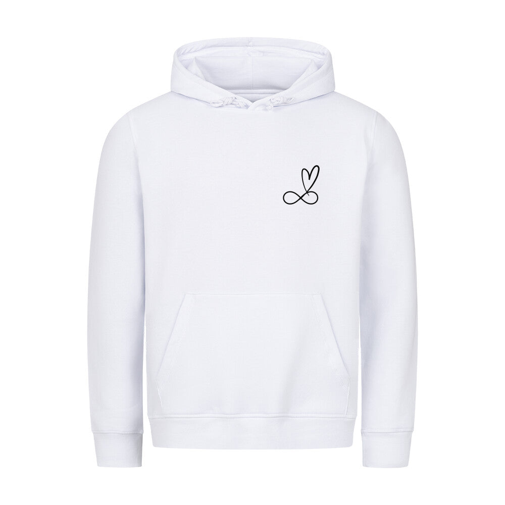 christlicher Hoodie mit einem Unisex-Schnitt in weiß aus Bio-Baumwolle rechts minimalistisch auf der Brust das unendlich Zeichen und darüber ein Herz. Erhältlich in den Größen XS bis XXL