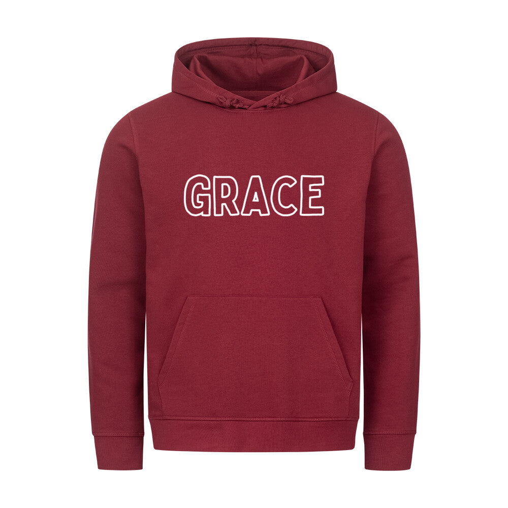 christlicher Hoodie mit einem Unisex-Schnitt in dunkelrot aus Bio-Baumwolle mittig auf der Brust "Grace". Erhältlich in den Größen XS bis XXL