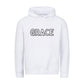 christlicher Hoodie mit einem Unisex-Schnitt in weiß aus Bio-Baumwolle mittig auf der Brust "Grace". Erhältlich in den Größen XS bis XXL