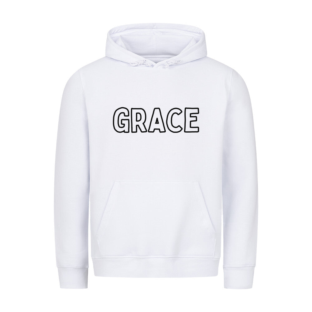 christlicher Hoodie mit einem Unisex-Schnitt in weiß aus Bio-Baumwolle mittig auf der Brust "Grace". Erhältlich in den Größen XS bis XXL