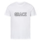 christliches T-Shirt mit einem Unisex-Schnitt in weiß aus 100 % Bio-Baumwolle mittig auf der Brust "Grace". Erhältlich in den Größen S bis 4XL