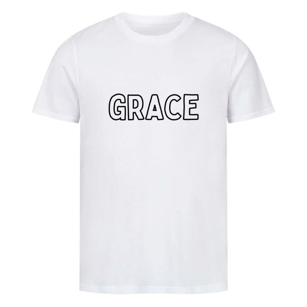 christliches T-Shirt mit einem Unisex-Schnitt in weiß aus 100 % Bio-Baumwolle mittig auf der Brust "Grace". Erhältlich in den Größen S bis 4XL