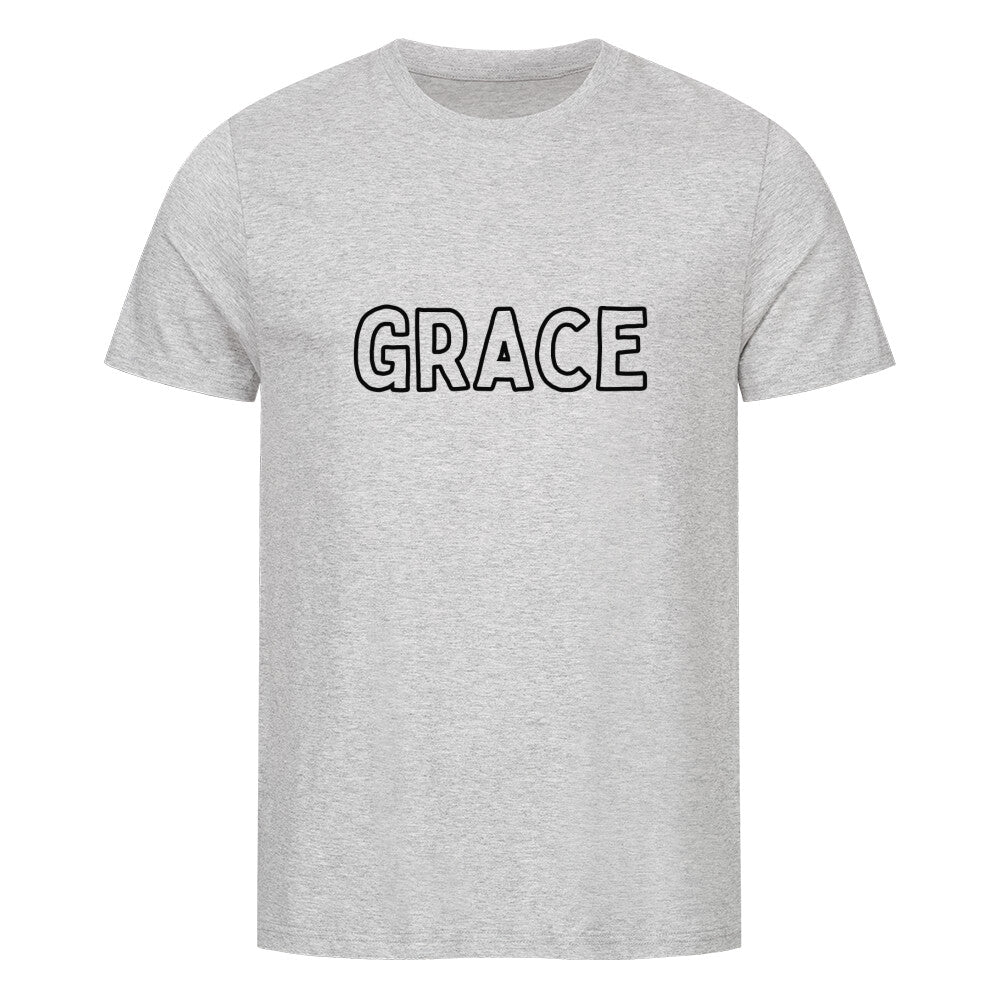 christliches T-Shirt mit einem Unisex-Schnitt in grau aus 100 % Bio-Baumwolle mittig auf der Brust "Grace". Erhältlich in den Größen S bis 4XL