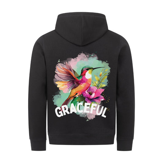 christlicher Hoodie mit einem Unisex-Schnitt in schwarz aus Bio-Baumwolle auf dem Rücken ein großer bunter Kolibri und dem Schriftzug "Graceful" aus unserer Streetwear Kollektion. Erhältlich in den Größen XS bis XXL